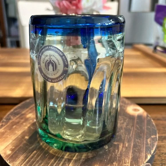 Hand-Blown Mexican Glass Mugs w/Cobalt Blue Rims & Applied Handles,set Of 2 - Picture 7 of 11